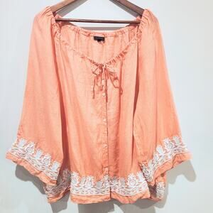 Talbots Womens Pink Tied Neck Embroidered Long Sleeve Blouse Size XL Boho Hippie